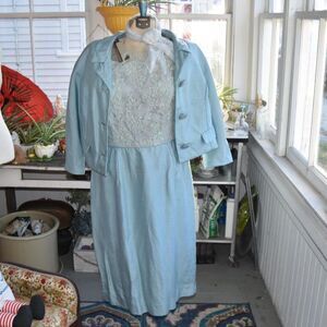 Vintage 50s 60s Pale Blue Lace Dress Matching Jacket Set Large Special Occasion